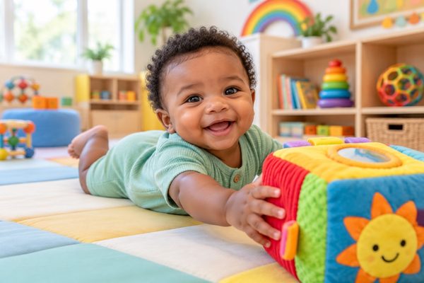 Smiling baby boy in a green onesie reaching for a soft activity cube