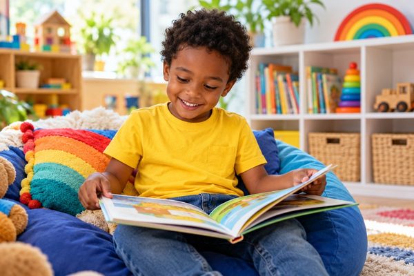 Smiling young boy in a yellow shirt reading a picture book