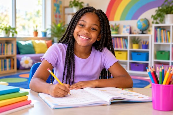 Smiling girl with long braids doing homework at a desk