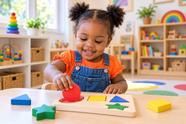 Smiling toddler girl in an orange shirt playing with a wooden shape sorter